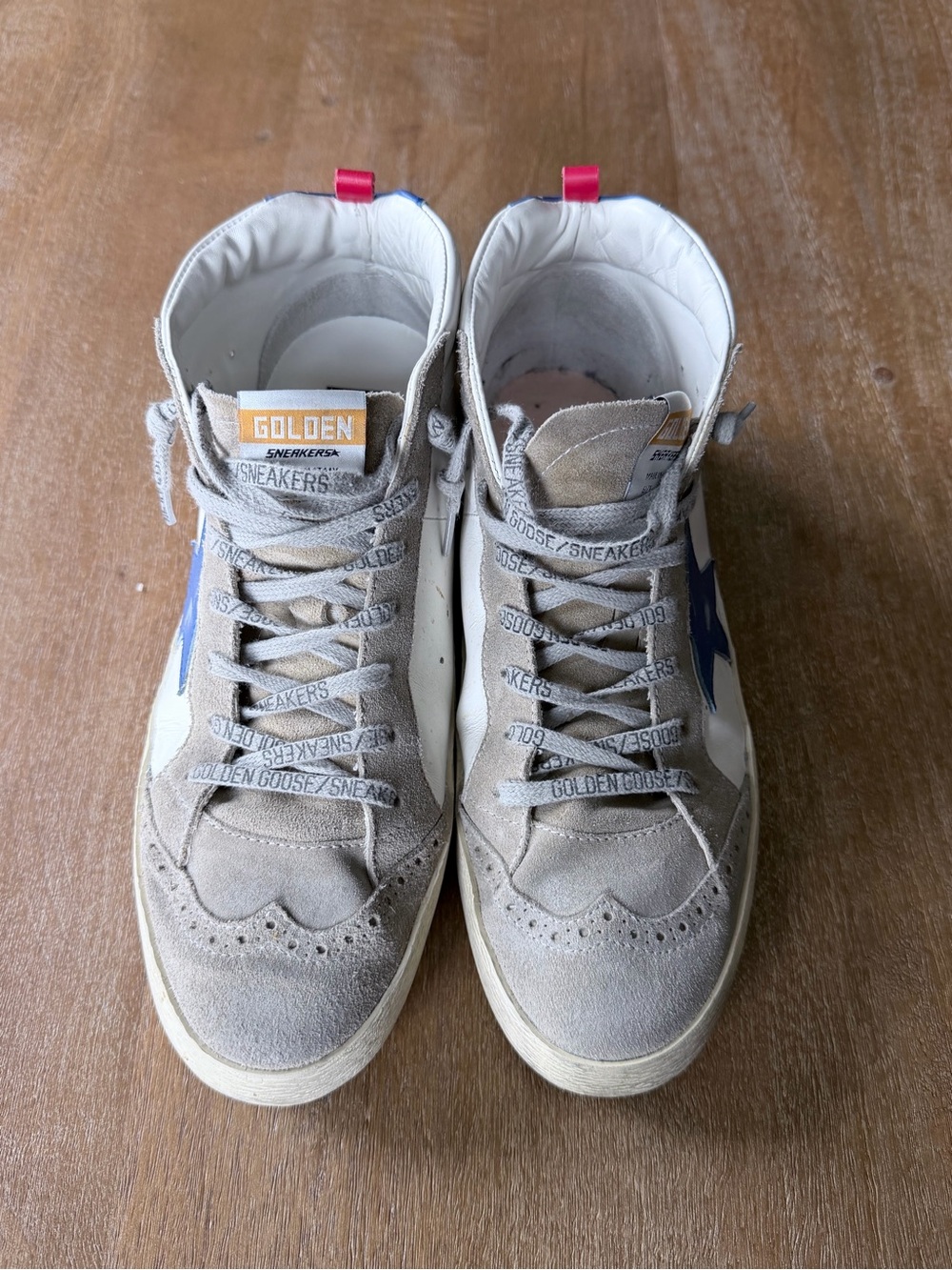 Golden Goose Mid Star Beige Suede High-Top Sneakers with Blue Star/Pink Pull Tab